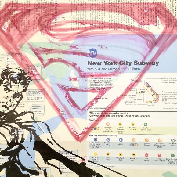 Handpainted Superman Acrylic Artwork on a NYC Subway Map Rare Original - Picture 3 of 8